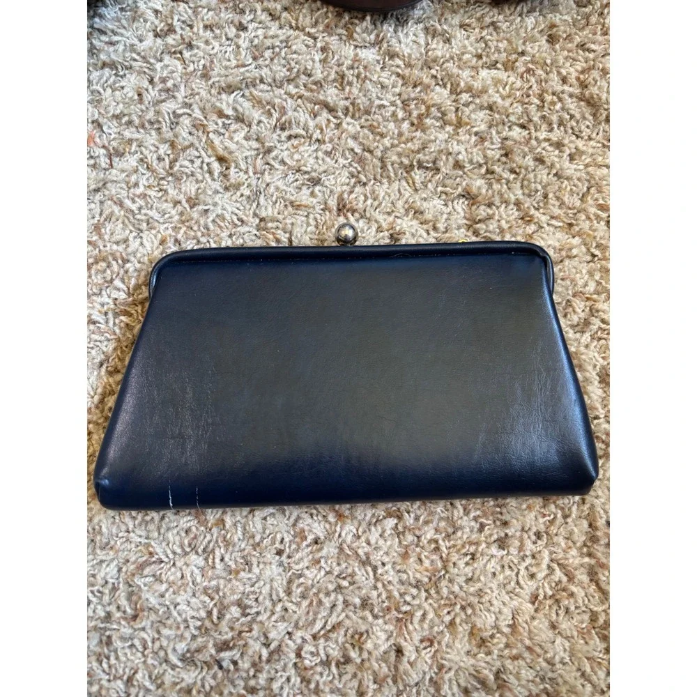 Vintage Clutch Purse Small Navy Blue Faux Leather Kiss Lock Chain Strap 1960s